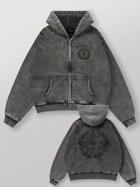 YoungLA 5149 Star Crest Zip-Up Hoodie Grey Wash XXL NWT